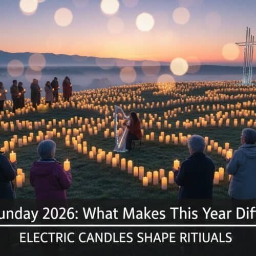 Easter Sunday 2026: What Makes This Year Different My Bible Song 2026 A peaceful gathering of people holding candles during a sunrise Easter vigil with a large cross and drum shaped candles on a hill.