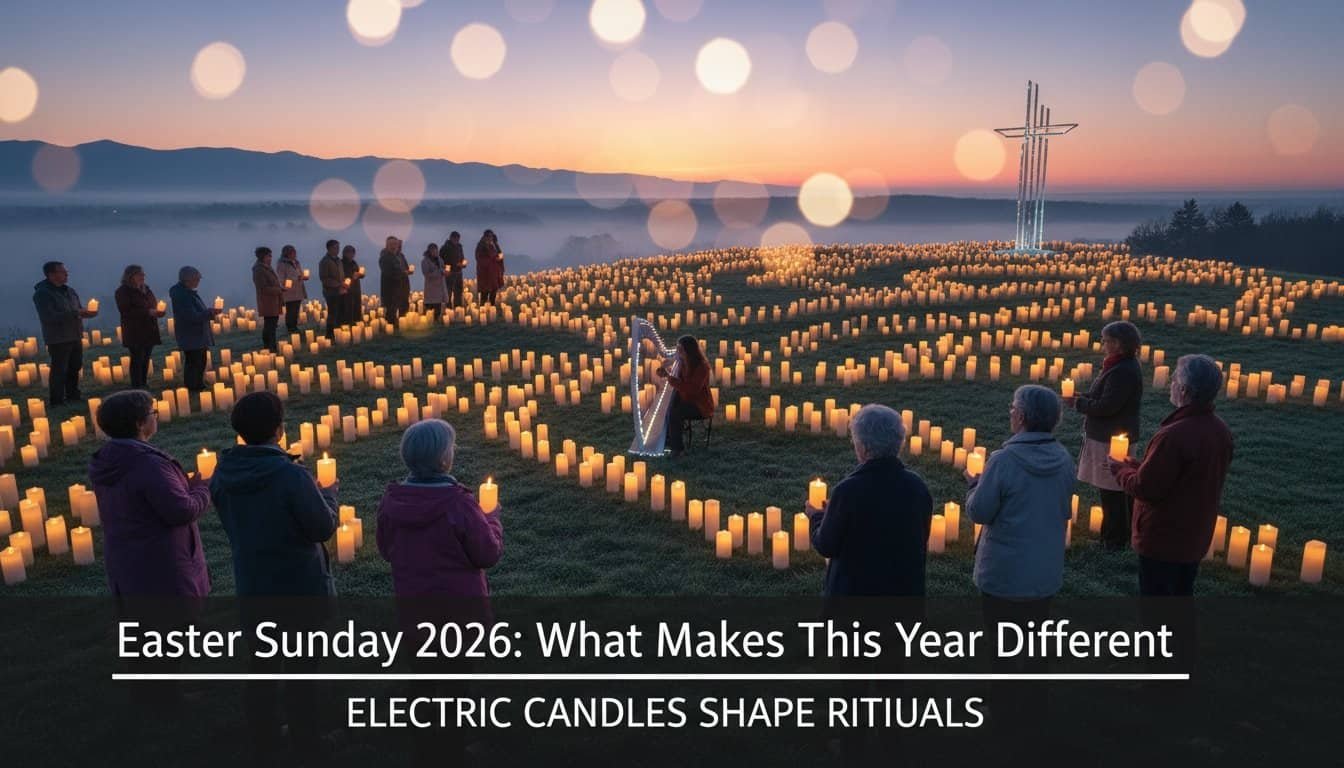 A peaceful gathering of people holding candles during a sunrise Easter vigil with a large cross and drum shaped candles on a hill.