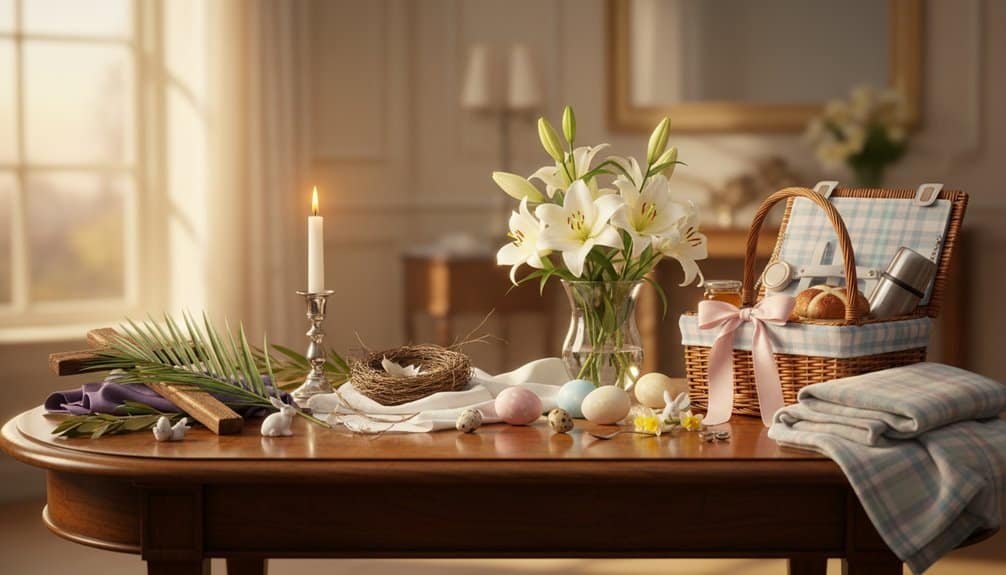 Easter-themed table with lilies, colored eggs, a lit candle, and a picnic basket, creating a serene and festive atmosphere for celebrating the resurrection of Jesus. Beautiful church or home decor for Easter.
