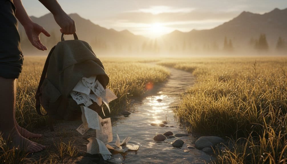 Altar text: A person releasing prayer notes into a stream at sunset, symbolizing spirituality and devotion.