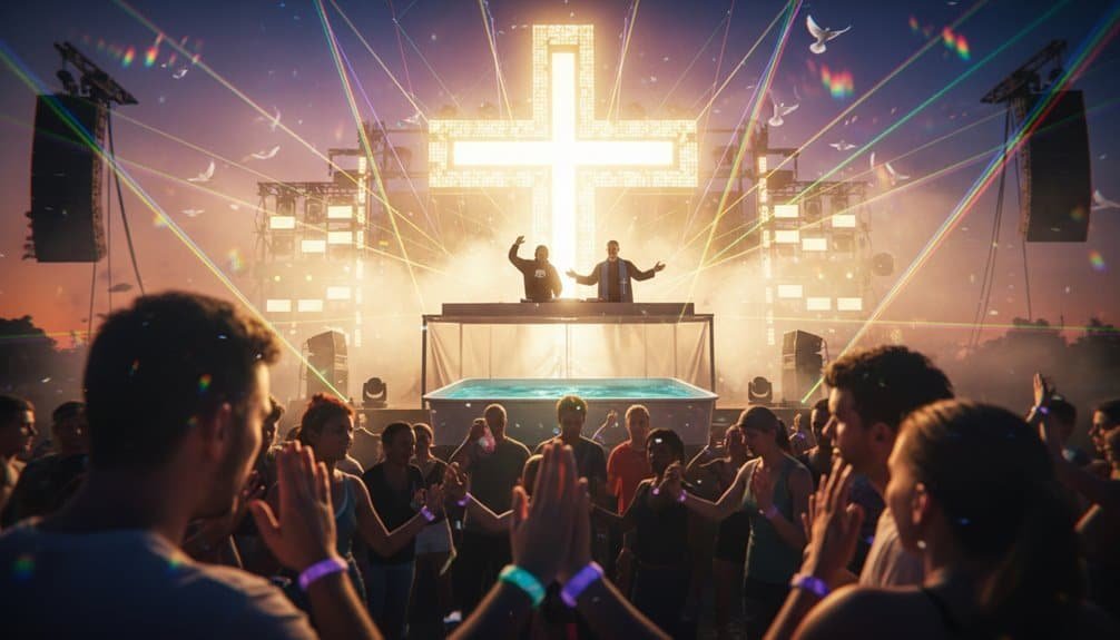 This Christian EDM Festival Is Converting Electronic Music Forever My Bible Song 2026 A lively outdoor Christian concert at sunset featuring worshippers raising hands, DJ performing on stage, vibrant lights and a glowing cross in the background, creating a joyful worship atmosphere.