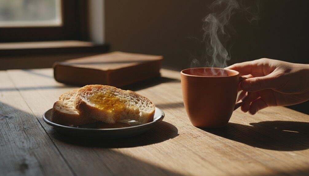 Why Psalm 34:8 Taste and See Might Be the Simple Faith Reset You Need This Week My Bible Song 2026 A warm cup of coffee steaming next to a plate of buttered toast on a wooden table, symbolizing morning devotion and prayer in a cozy setting for a spiritual start.