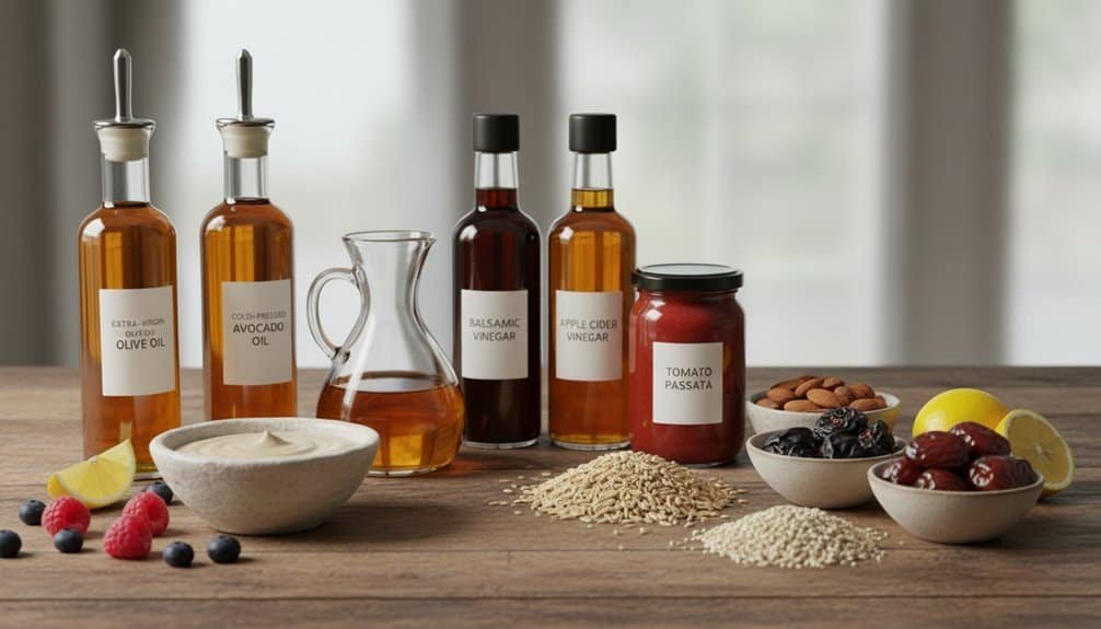 High-quality olive oil, balsamic vinegar, and apple cider vinegar with fresh fruits and spices on a wooden table.