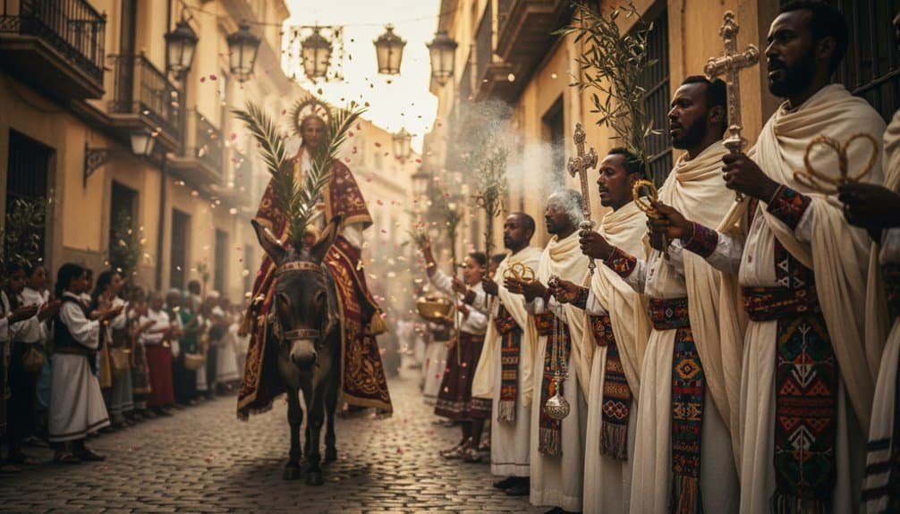 An outdoor religious procession featuring priests in traditional attire, carrying crosses and incense, with a statue of Jesus on a donkey, surrounded by a festive crowd on a historic street.