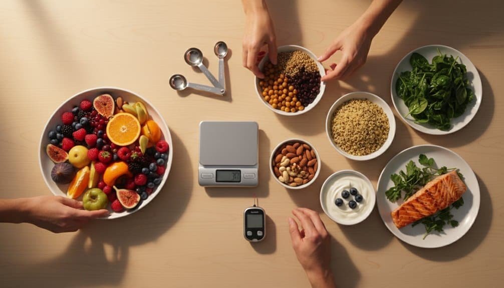 Alt: Healthy food and fruits on a wooden table with measuring tools, digital scale, and nuts, promoting healthy eating and nutrition.