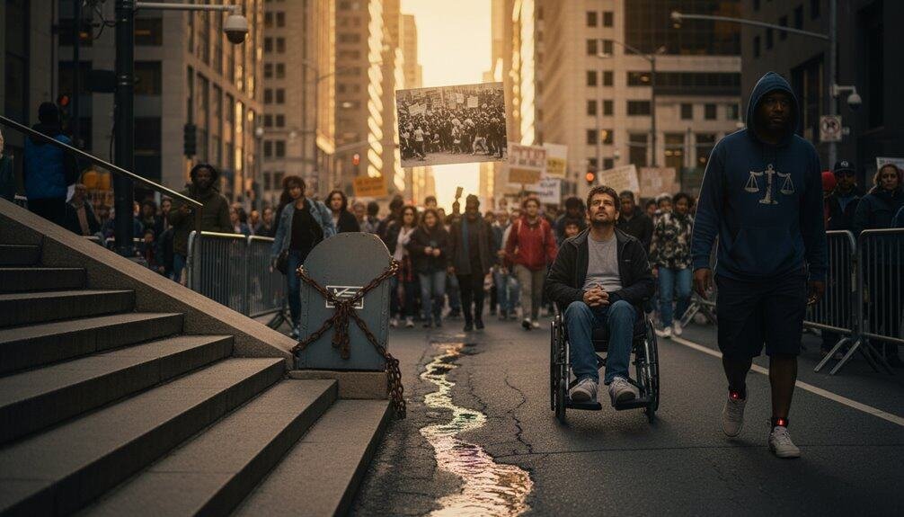 Accessible image of diverse protesters including a man in a wheelchair during a peaceful demonstration in an urban setting, symbolizing resilience, faith, and hope for change.