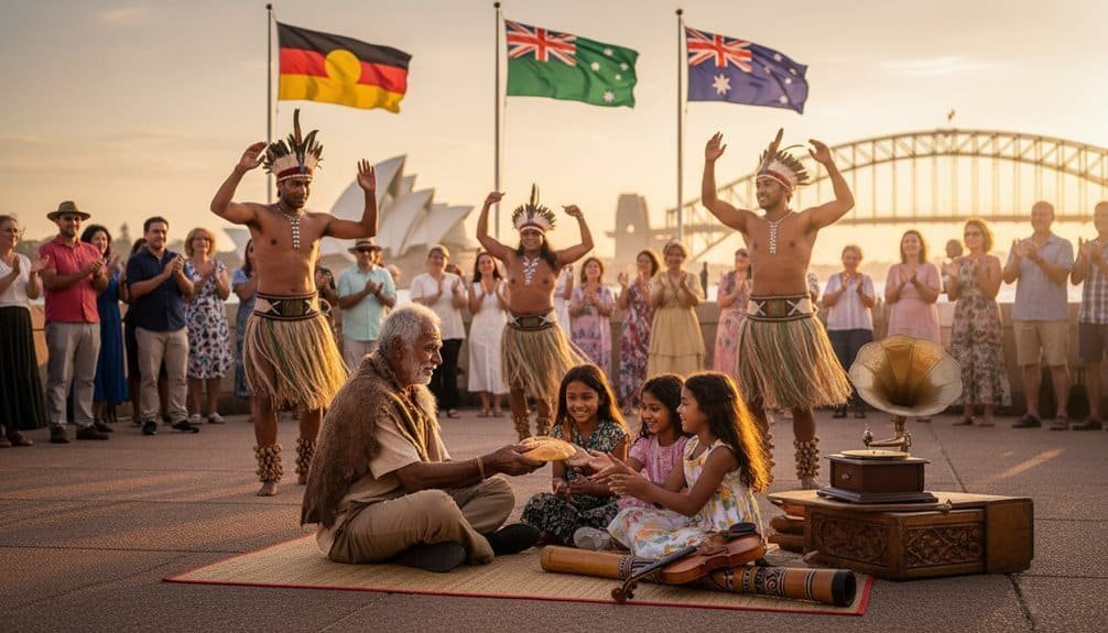 Vibrant outdoor scene of Indigenous dancers in traditional attire performing with Australian flags, while children and tourists enjoy the cultural celebration near Sydney Harbour Bridge at sunset.