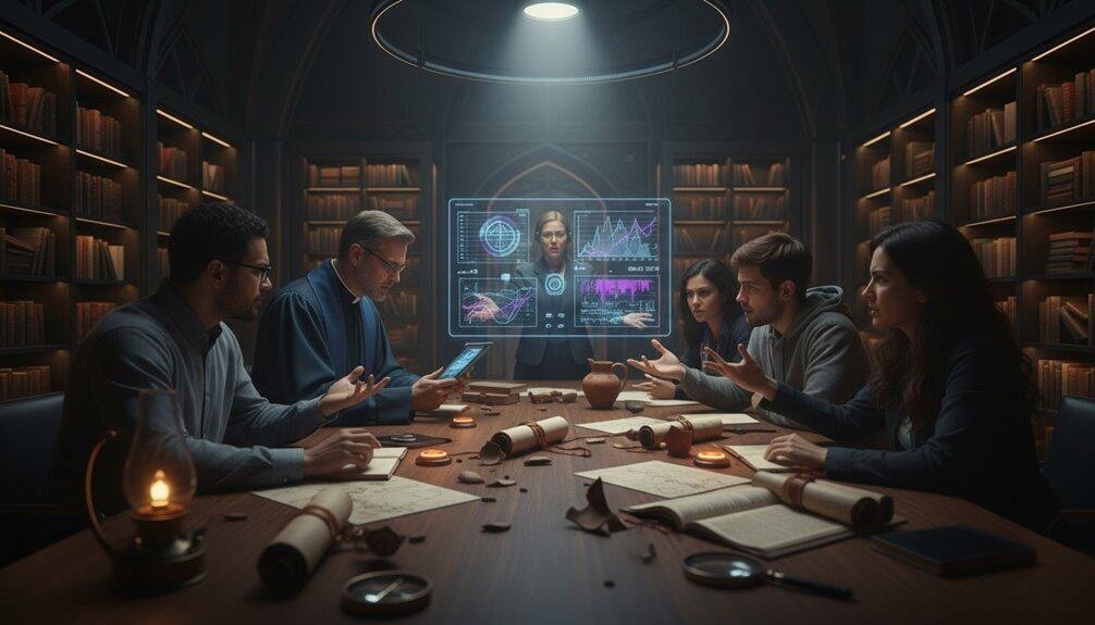 A diverse group of people gather in a dimly lit library with scrolls and books, using digital devices and a futuristic holographic screen for their Bible study and discussion.