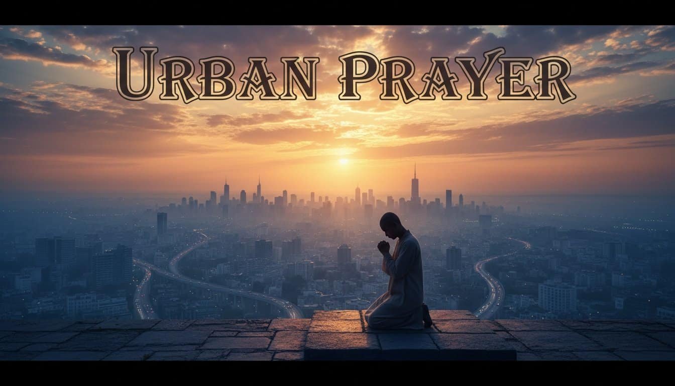 A person praying on a rooftop overlooking a city skyline during sunset, symbolizing prayer and spirituality in an urban environment.