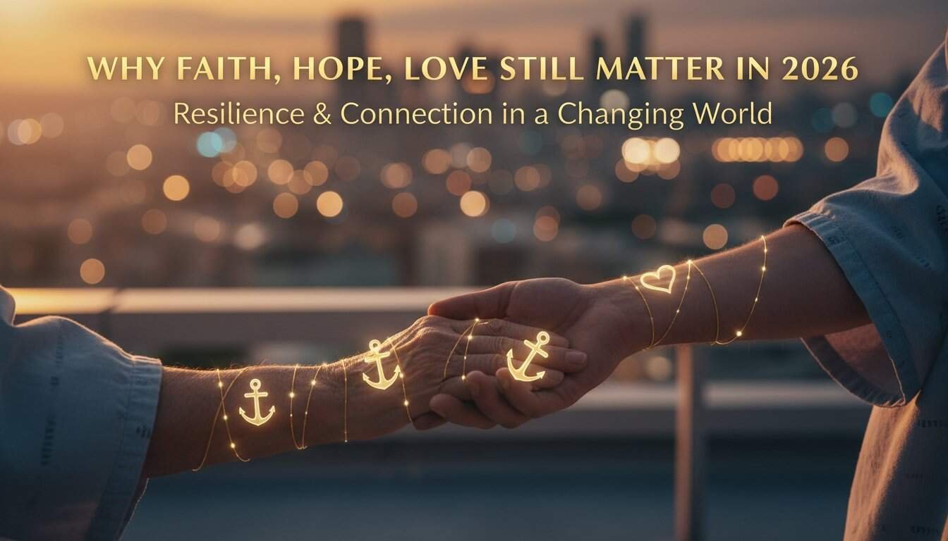 A heartfelt image of two hands reaching out, illuminated by sanctified symbols like anchors, hearts, and crosses, emphasizing faith, hope, love, and resilience in a changing world.