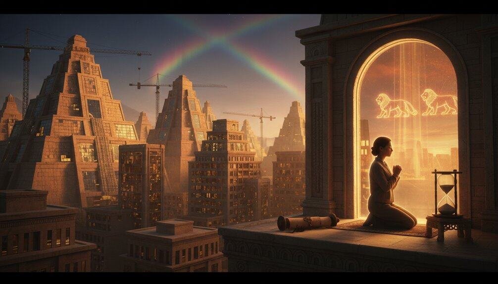 Alt text: Woman praying at sunrise on a rooftop with city skyline, illuminated biblical symbols of lions, sky rainbow, and construction cranes in background.