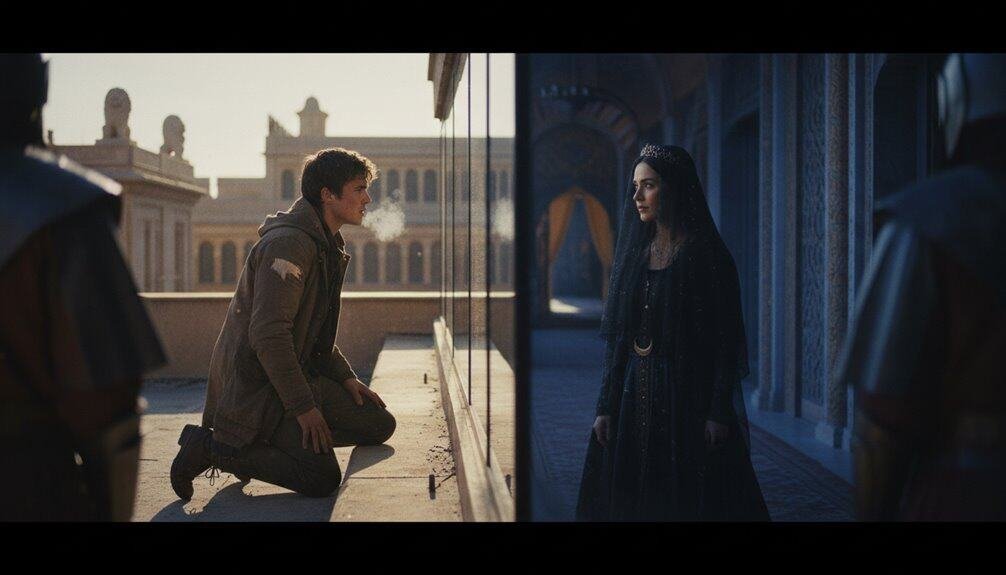 A young man kneels in prayer before a woman dressed in elegant, dark attire, symbolizing a moment of spiritual or romantic significance, set against historical architecture.
