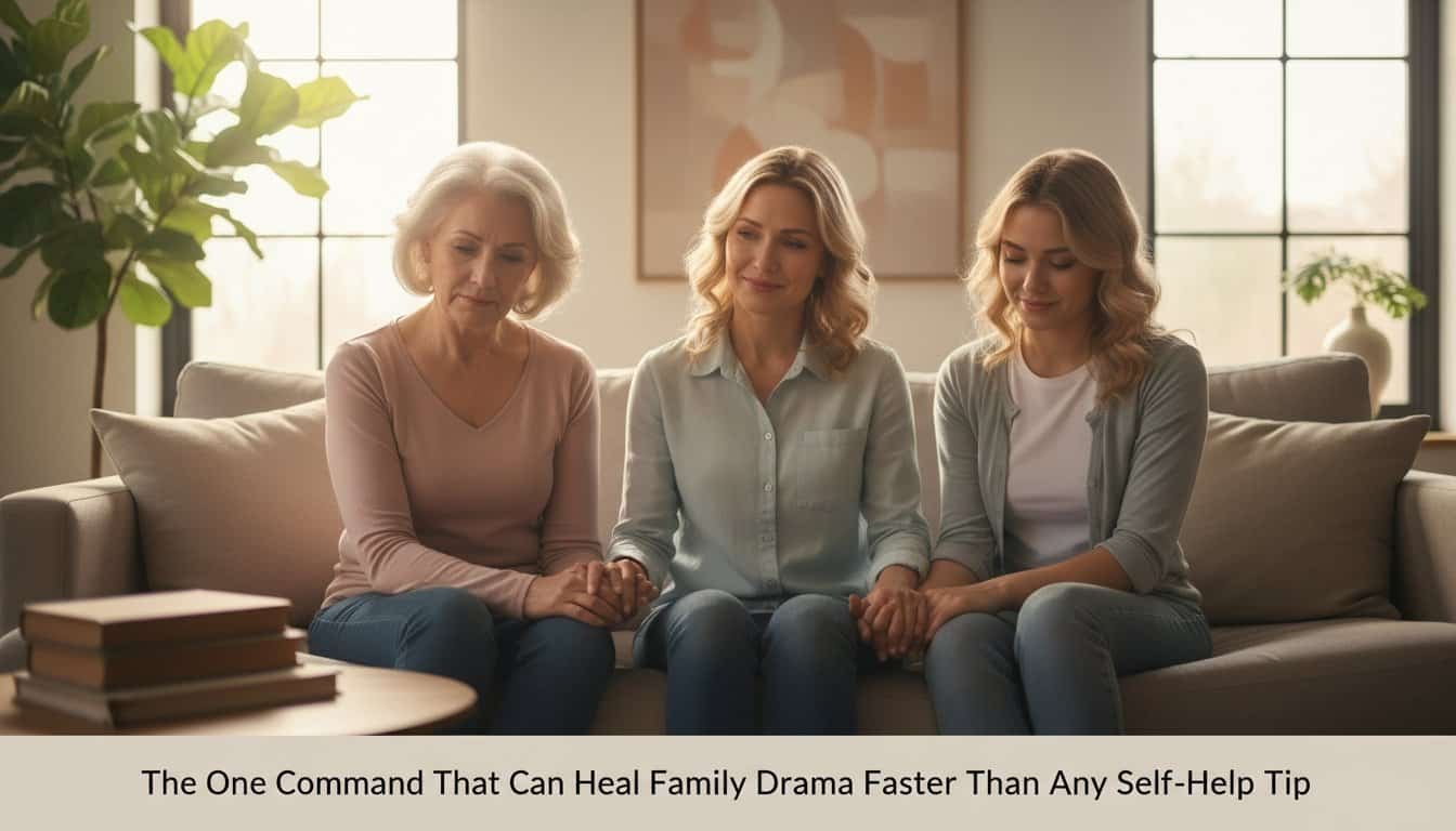 Alt text: Three women of different ages holding hands and praying together in a cozy living room, symbolizing family healing and faith.