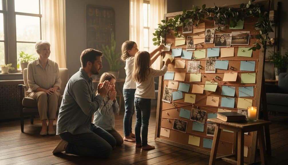 Hope in prayer and faith-associated images of a family praying and remembering loved ones at a memorial board, highlighting community and spiritual connection.