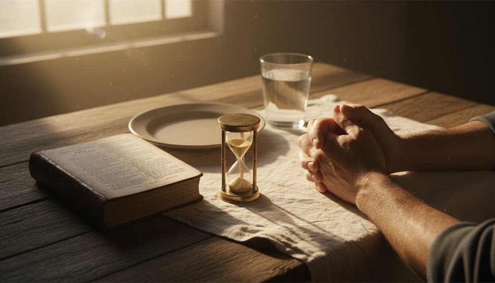 ALT text: Person praying with hands folded at a wooden table, Bible, glass of water, and hourglass, symbolizing faith, patience, and spiritual reflection.