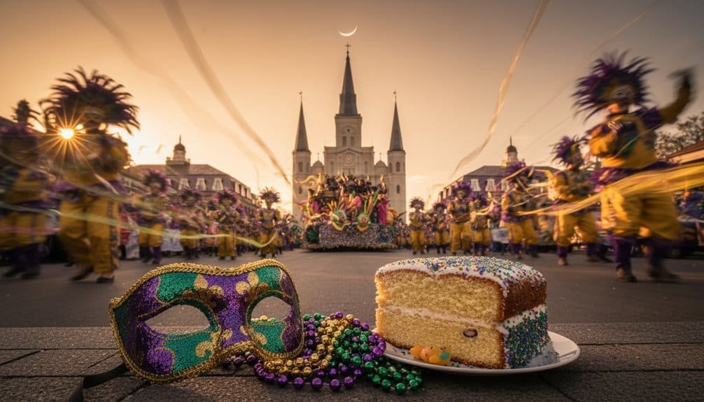 Vibrant Mardi Gras parade scene featuring colorful beads, festive masks, and a decorated cake celebrating New Orleans' iconic carnival.