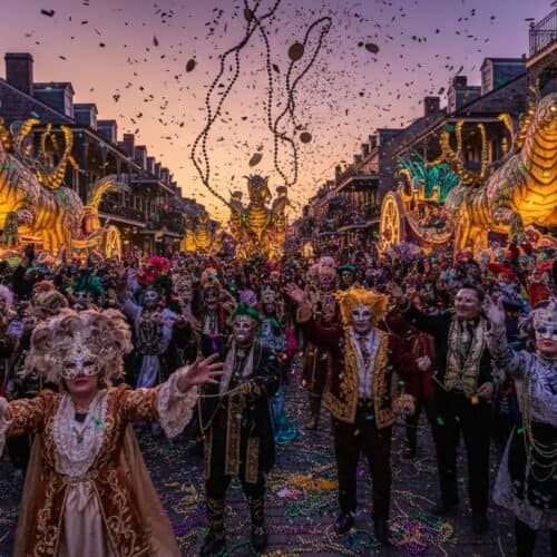 Vibrant costume parade with masked performers, colorful floats, and festive decorations during a Mardi Gras celebration in New Orleans.