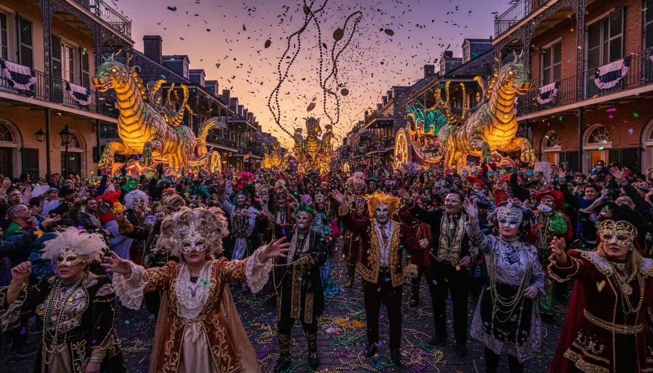 Vibrant costume parade with masked performers, colorful floats, and festive decorations during a Mardi Gras celebration in New Orleans.