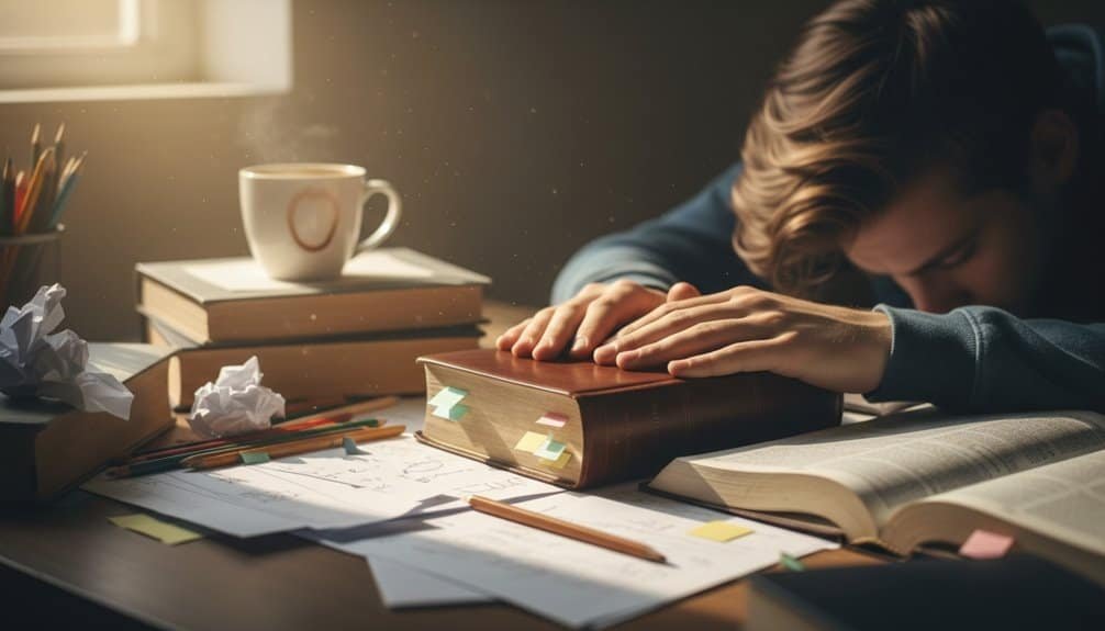 7 Bible Verses Every Struggling Student Needs to Read Today My Bible Song 2026 A person overwhelmed with Bible study materials and notes, showing stress and frustration, surrounded by books, papers, pencil, crumpled papers, and a coffee mug in a well-lit room.