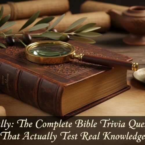 An antique Bible with a magnifying glass, candlelight, and olive branches create a cozy, inspiring setting for Christian worship andBible trivia questions.