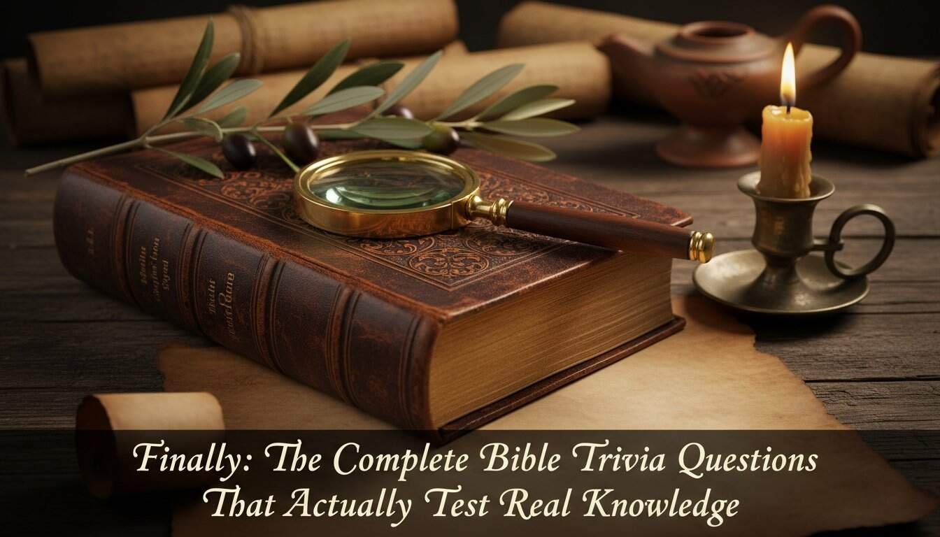 An antique Bible with a magnifying glass, candlelight, and olive branches create a cozy, inspiring setting for Christian worship andBible trivia questions.