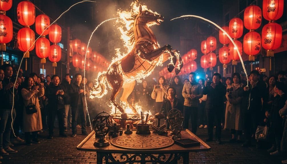 A fiery horse sculpture surrounded by red lanterns during a traditional festival, with a crowd of onlookers capturing the mesmerizing event, showcasing cultural celebration and artistry.