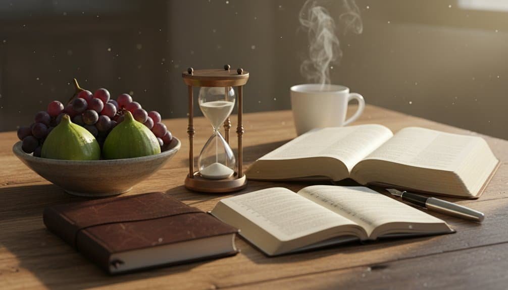 Serene image of open Bible, fruits, hourglass, and steaming coffee on a wooden table, ideal for devotion, prayer, and Christian music inspiration.