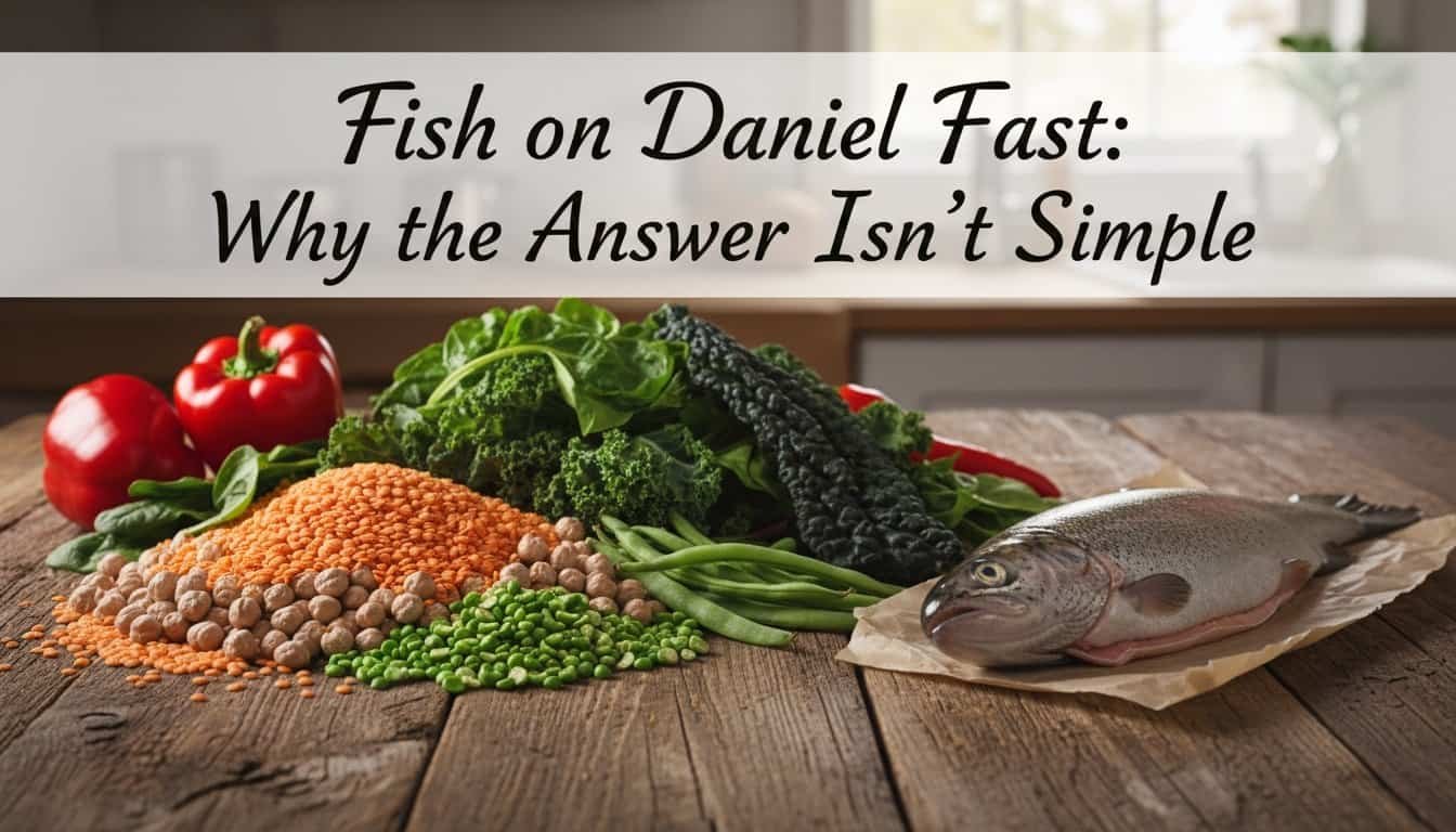 Alt text: Fresh vegetables and a fish on parchment paper on a wooden table, illustrating a healthy diet for the Daniel Fast with colorful produce and seafood.