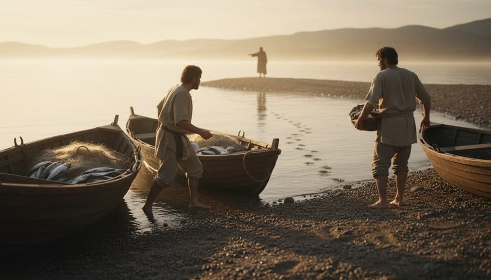 Fishing at sunrise on a tranquil lake with boats and two men preparing for a day of fishing; serene landscape emphasizes faith, hope, and spiritual connection.