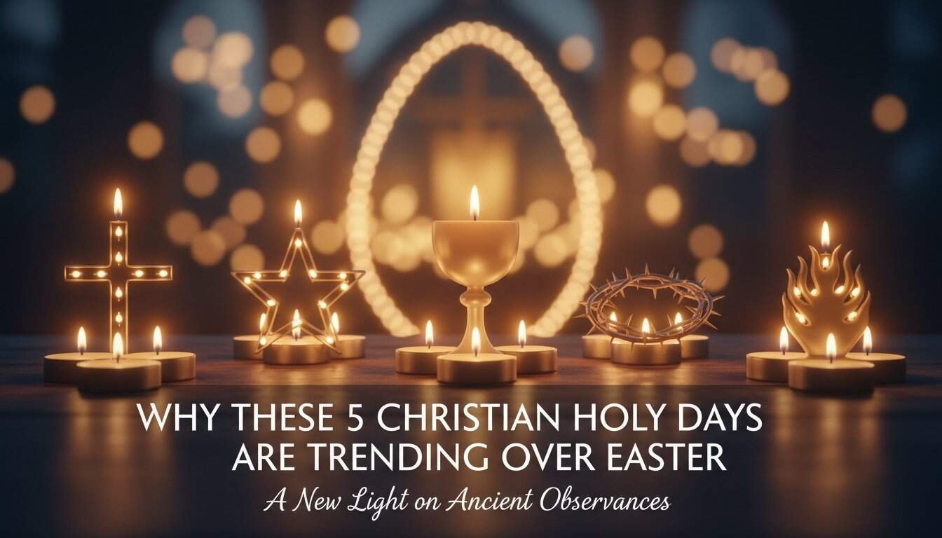 Wax candles and symbolic Christian holiday ornaments on wooden table, celebrating Easter and ancient traditions with religious significance and modern trending observances.