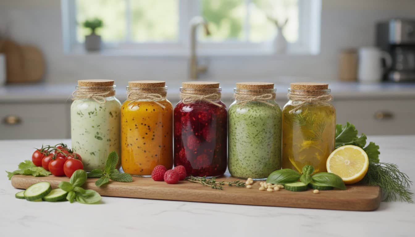 Bright and colorful jars of homemade organic juice with fresh vegetables and herbs on a kitchen counter.