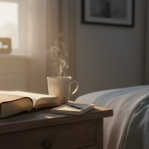 Steaming Coffee and Journal by Bedside.