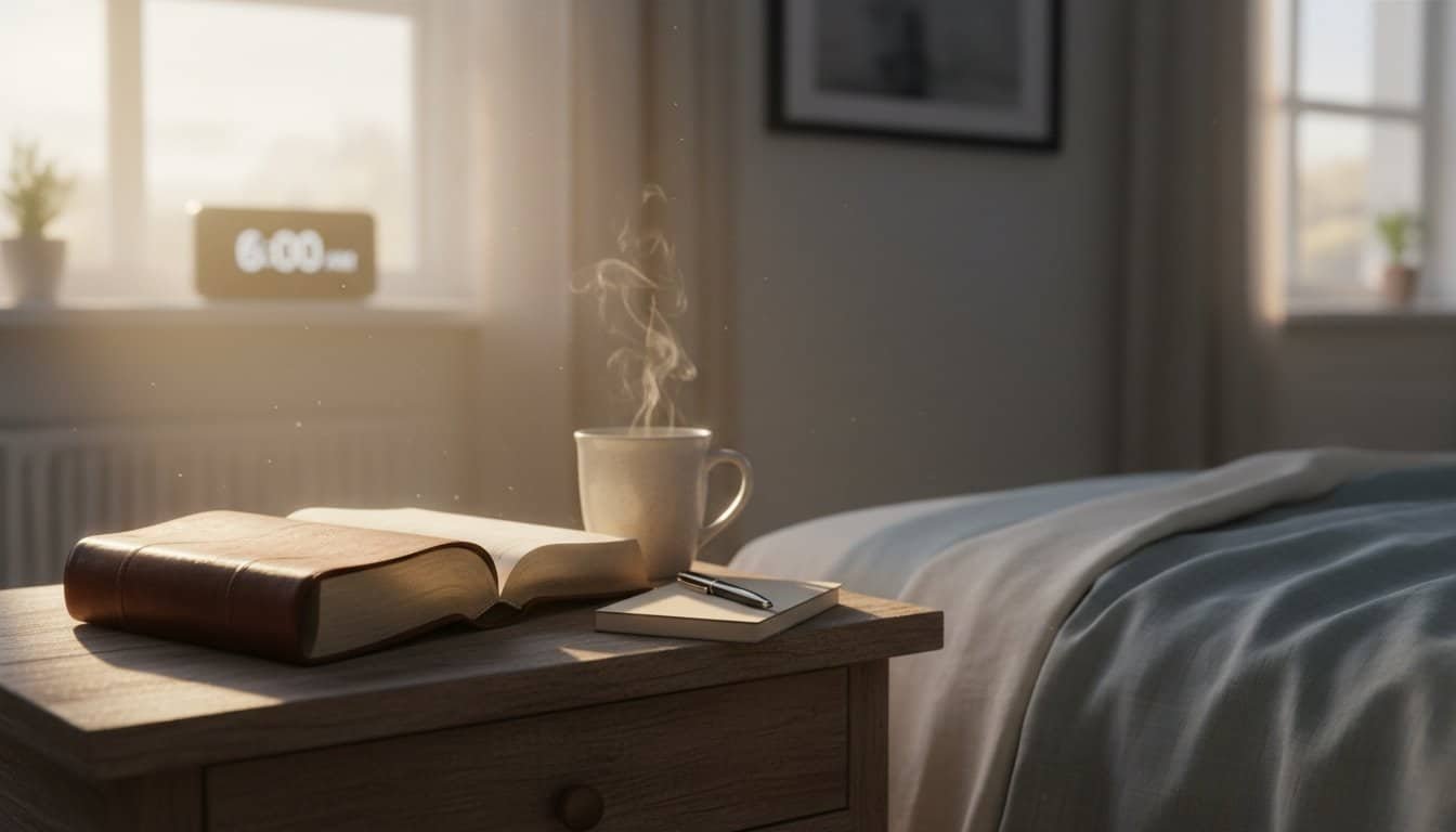 Steaming Coffee and Journal by Bedside.