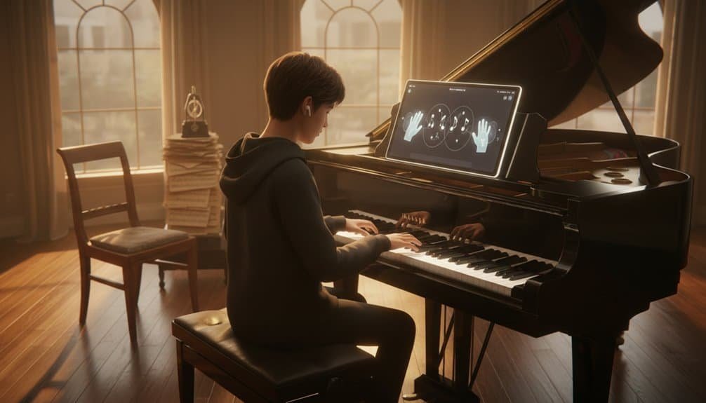 Young person playing piano while practicing music with digital tablet showing musical notes and hands, surrounded by warm sunlight through large windows, creating a peaceful atmosphere for musical learning and worship.