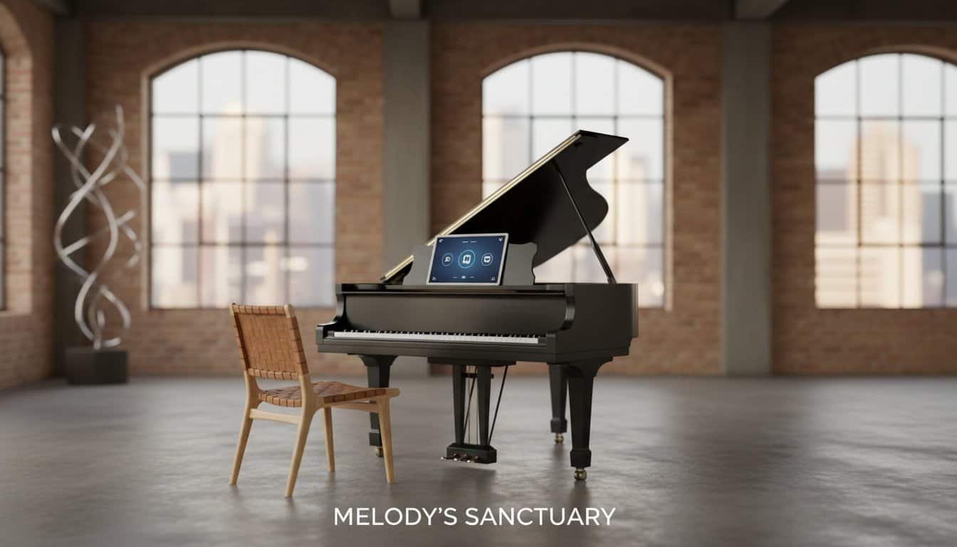 A sleek black grand piano with digital features, placed in a spacious church sanctuary with large windows, highlighting a serene setting for worship music and church singing.