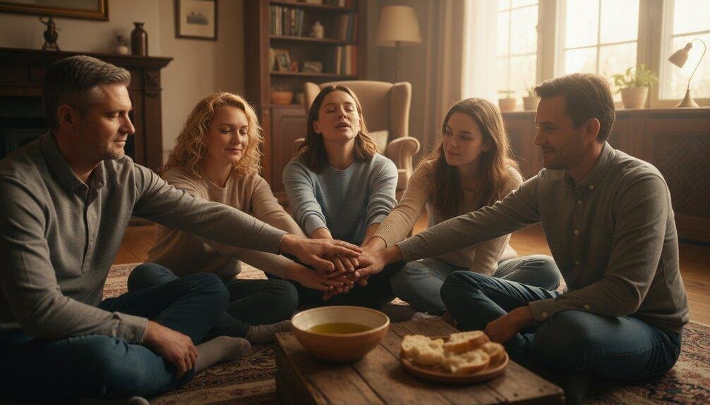 A family gathering around on the floor, holding hands in prayer, with a Bible and religious imagery in a warm, inviting living room.