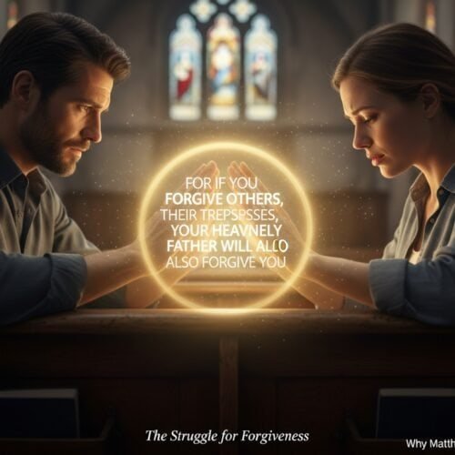 Why Matthew 6:14 Is the Hardest Verse to Live My Bible Song 2026 Relaxing image of a man and woman praying in church, glowing Bible verse about forgiveness of sins, spiritual music, faith, and Christian prayer concept.