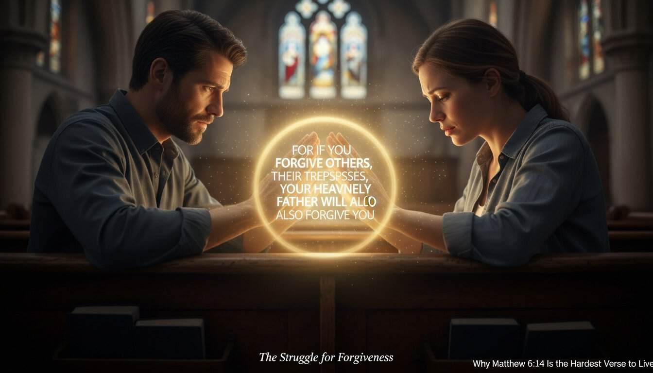 Relaxing image of a man and woman praying in church, glowing Bible verse about forgiveness of sins, spiritual music, faith, and Christian prayer concept.