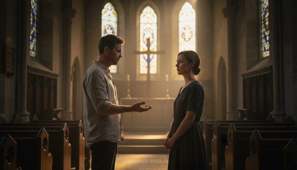 Inspiring scene of a heartfelt conversation between a man and woman inside a church with stained glass windows, emphasizing faith, hope, and spiritual support. Perfect for faith-based content, church activities, and religious counseling.