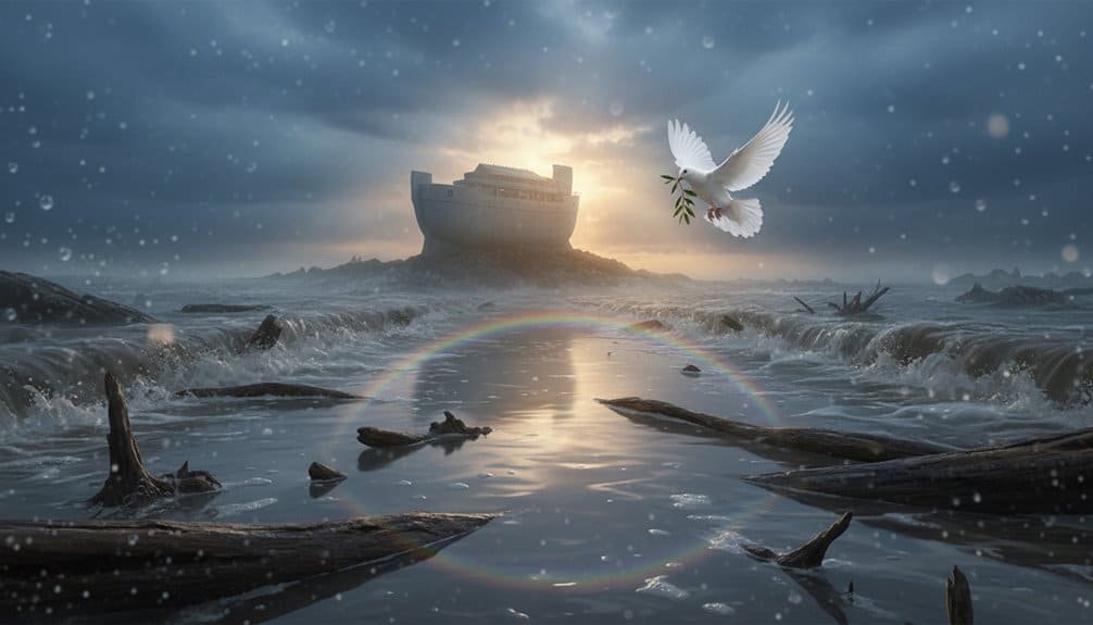 Beautiful sea scene with a shipwreck, rainbow, and dove carrying an olive branch, symbolizing hope, peace, and faith, suitable for Christian inspiration and biblical song themes.
