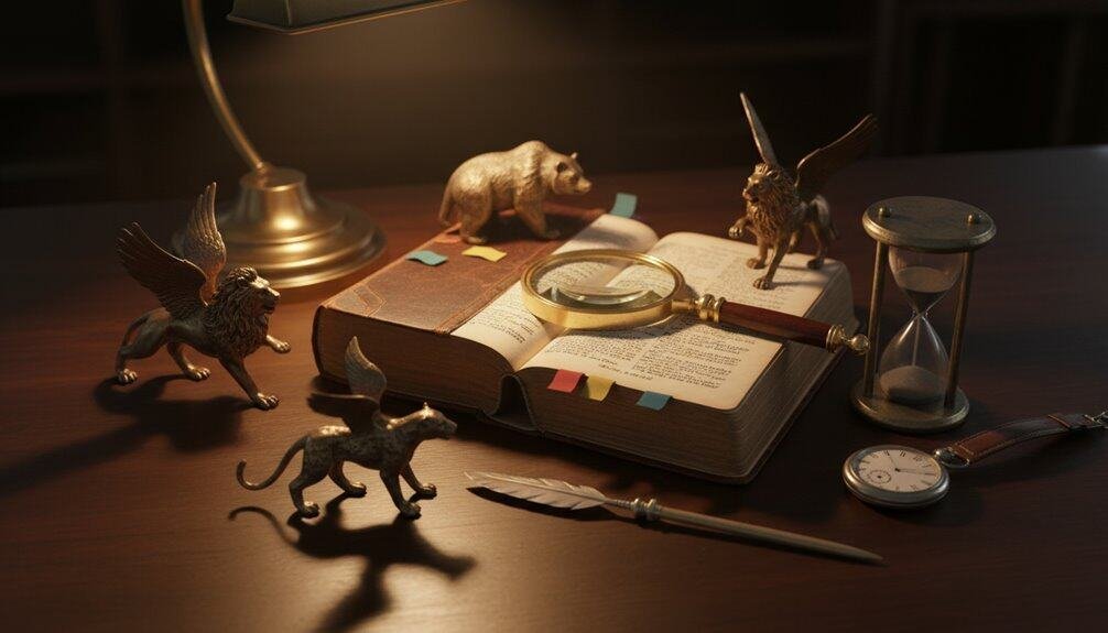Magnifying glass on open Bible with animal figurines, hourglass, and pocket watch to symbolize biblical exploration and time.