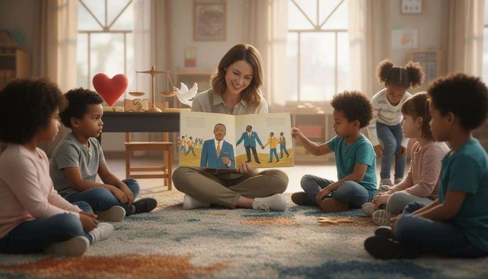 A teacher reading a Bible story to diverse kids in a classroom setting, promoting faith, education, and Sunday school activities, focused on engaging children in biblical lessons.