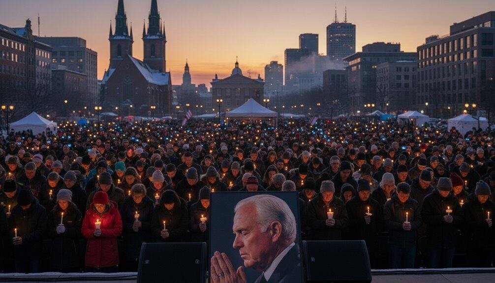 People holding candles in prayer during a peaceful vigil for justice and unity at dusk.