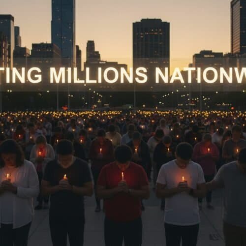 Holy prayer gathering, people holding candles during night vigil for unity and spiritual connection, city skyline in background, peaceful and inspiring moment for faith communities.