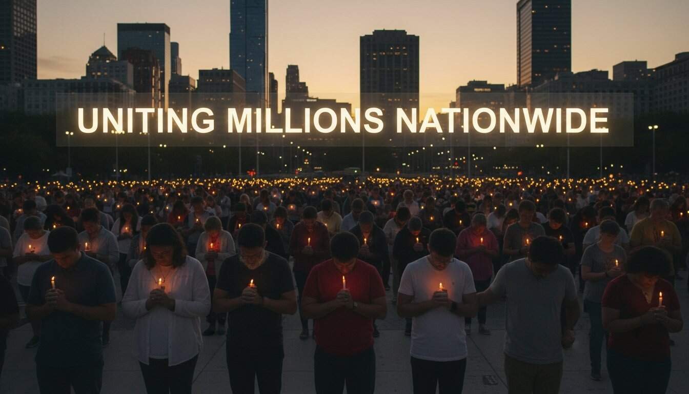 Holy prayer gathering, people holding candles during night vigil for unity and spiritual connection, city skyline in background, peaceful and inspiring moment for faith communities.