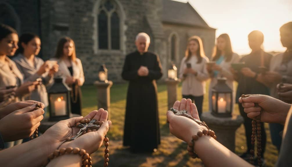 A group of people gathered outdoors at dusk, praying and holding rosaries in front of a church, fostering faith and spirituality.