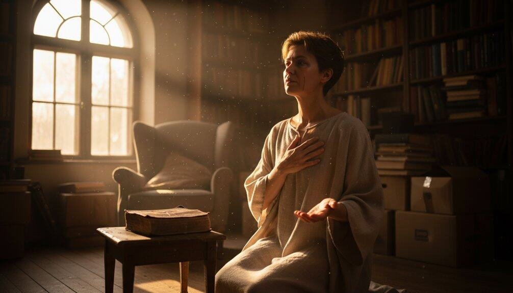A woman praying in a sunlit library, seeking divine guidance with her hand on her chest and an open Bible nearby, emphasizing faith, prayer, and spiritual connection.
