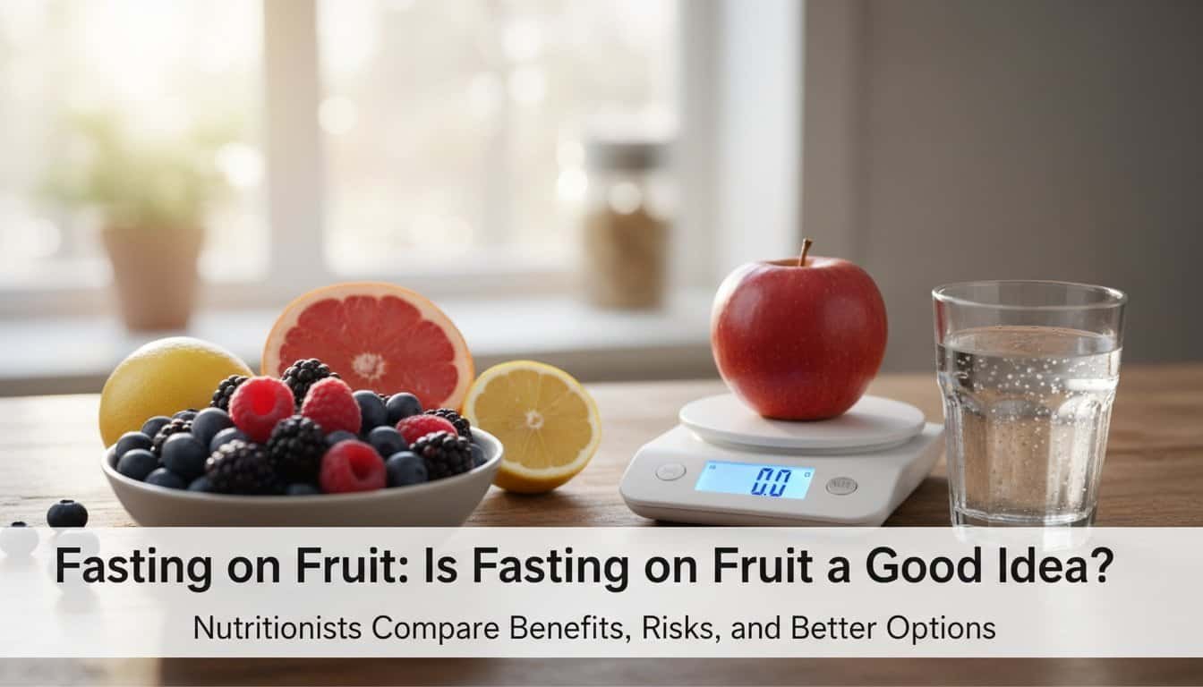 A bowl of mixed berries, grapefruit, lemon, an apple on a digital kitchen scale, and a glass of water, illustrating the topic of fasting on fruit and healthy eating choices.