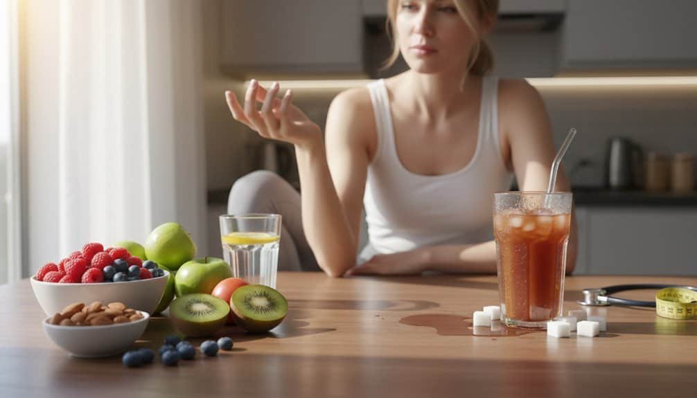 A woman sits at a table with colorful fruits, water, and a refreshing iced drink, representing healthy lifestyle choices and mindful living.
