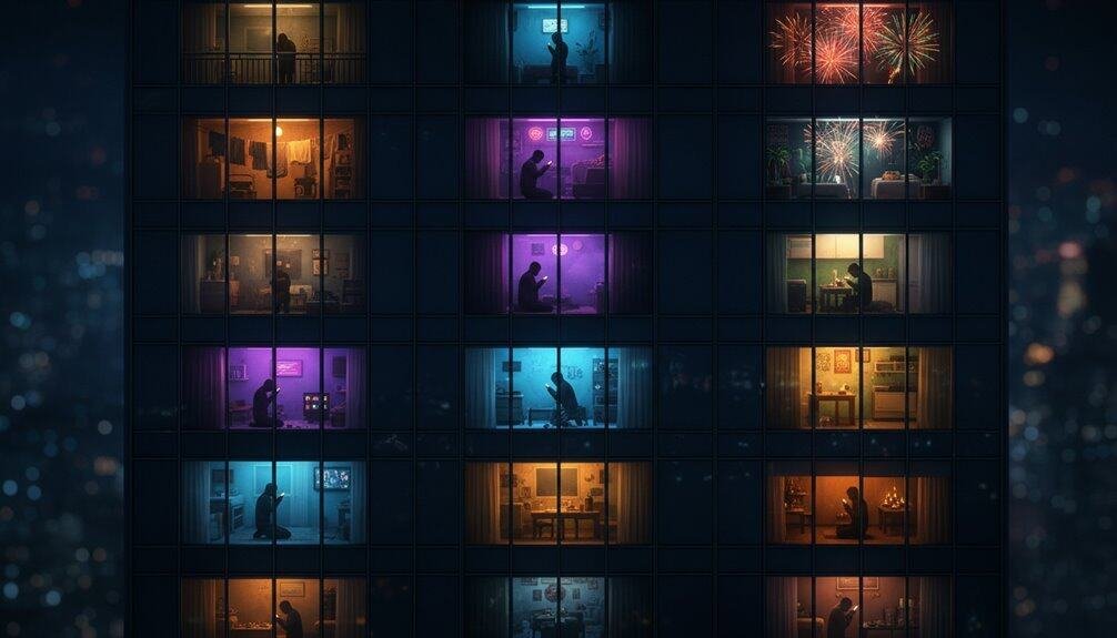 A nighttime view of a high-rise apartment building with illuminated windows showing people praying, reading, and reflecting, symbolizing faith, spirituality, and personal connection with God.